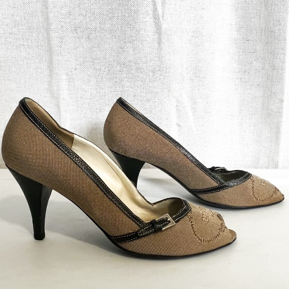 Vintage Prada Brown Buckle Canvas Leather Peep Toe Kitten Heels - Picture 6 of 12